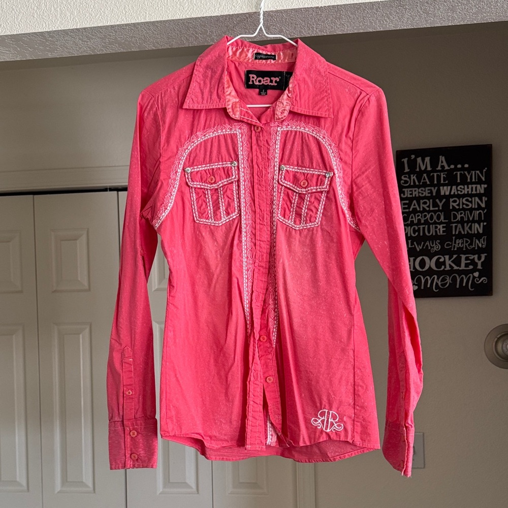 Roar Coral Pink Embroidered Western-Style Shirt
